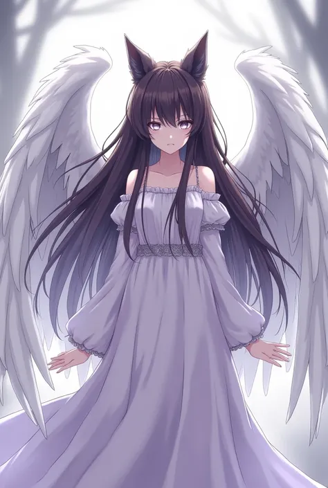  Create me an anime picture of a demi girl , She has long dark brown hair with white strands and wolf ears and completely white eyes,Her face is hidden by a white veil and is difficult to see,She is wearing a long white-purple dress .She has big wide white...