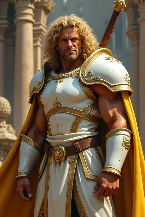  01 captain of the medieval empire ,   white armor with gold details,  bare arms  , curly hair and golden color , olhos grandes, no hair on the face, firm face, Large golden cloak , big mouth,  scar on the face , evil smile,  strong man,  large sword attac...