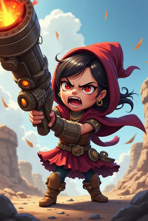 Mage woman chibi powerfull canon gun  fire off angry 