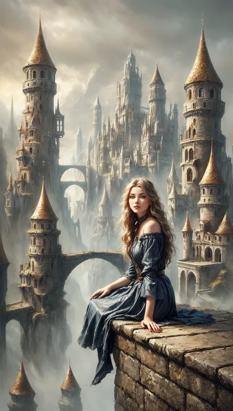 arafed image of a woman sitting on a ledge in front of a castle, fantasy book cover, beautiful fantasy art, karol bak uhd, detailed fantasy digital art, fantasy art, breathtaking fantasy art, digital art fantasy, detailed fantasy art, medieval fantasy art,...