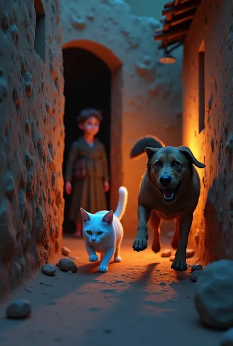 In cinematic 3D style ,HD image, realistic image, colourful image. 
Action, It is very late at night, there is a house clay wall, Rafali is hidden inside it, a white cat is going inside it and behind it a brown dog is running very fast with his mouth open,...