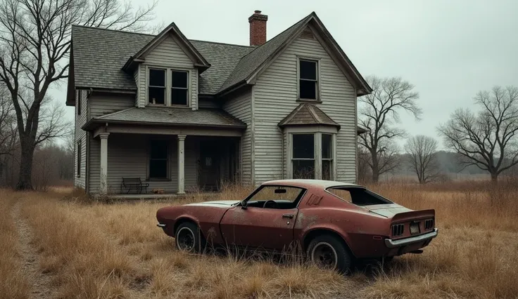 abandoned rotten sport car in front of an abandoned rotten house, side view