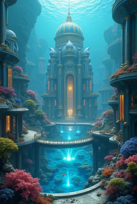  Imagine a glowing city with marble and glass structures ,  decorated with gold and blue details .  Buildings in the shape of domes ,  very tall towers and Monumental temples are connected by bridges and paths that seem to float underwater.  Brightly color...