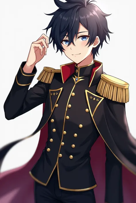 Fujimaru Ritsuka (male) from Fate/Grand Order wears a luxurious black commander outfit with a commanders jacket covering his shoulders and a raised right hand with a command spell symbol. If you want a reference, the outfit is similar to Houraiji Kyuusyou ...