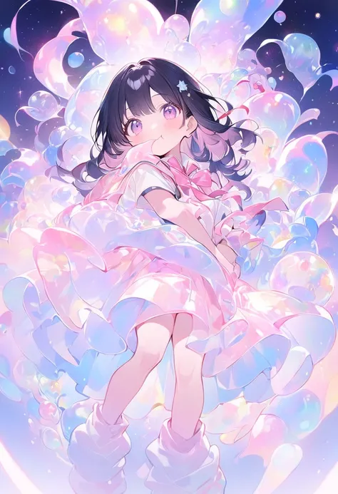 High school girl eating stars in the galaxy、High school girl eating stars in the galaxy who pinches them with her finger and carries them to her mouth 、 happy expression、 black hair、 red glasses、A girl who seems to be grown up、 sailor suit、 pink ribbon、 pi...