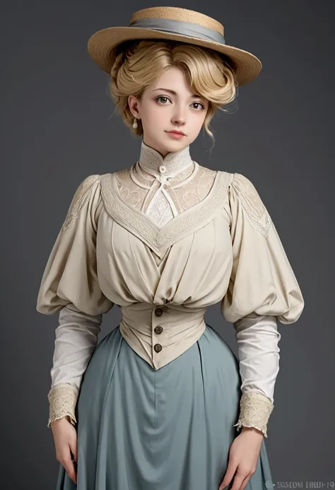 score_9, score_8_up, score_7_up, Sexy well-endowed 14yo blonde Gibson Girl of the 1900s wearing an elegant Edwardian gown and hat, year 1902, 1900_dr3ss, high-collar shirtwaist