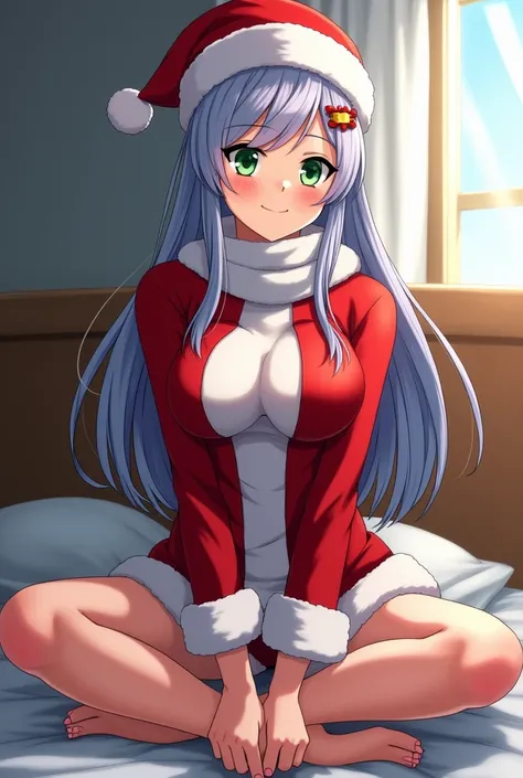  My Hero Academia screenshot 
Young woman with long white ,blue and red hair
 loose hair 
, green eyes 
attractive  , pretty,  beautiful 
dressed as santa claus sexy
Sitting in a bed
 
 
full body
Anime
Study Bonuses Pechos, Senos grandes, , 