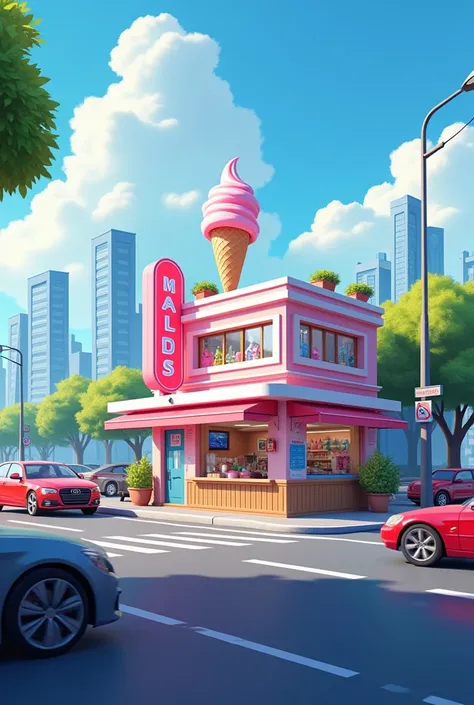 A modern ice cream shop , with cars passing in front,  in the background city without a building  