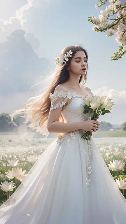 Cropped image of a woman in a white dress, beautiful digital art, ethereal beauty, goddess of flowers, with lotus flowers around, with ethereal effect of flowers, a beautiful woman beautiful wearing white petals, white, gorgeous digital art, elegant digita...