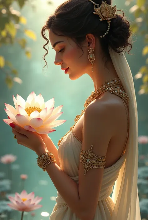 King ravans wife mandodari holding a white lotus.her hair is curly.eyes are brown.her body is not too skinny.side profile looking away