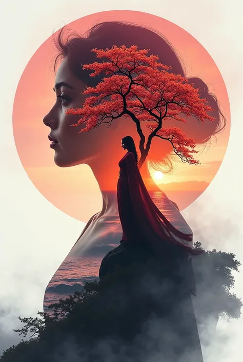 high quality, 8K Ultra HD, A beautiful double exposure that combines an goddess silhouette with sunset coast, sunset coast should serve as the underlying backdrop, with its details incorporated into the goddess , crisp lines, The background is monochrome, ...