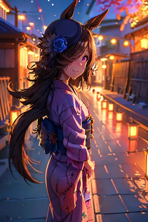 8k,(( kimono)), rice shower,(masterpiece), illustrations,( rice shower (Horse Girl),Brown Hair,), Looking Back,((shrine)), PURPLE EYES, Swift Bangs, long bangs, long hair,Small chest, firework, Night Sky, street,holding, smile, watching viewers in the wint...