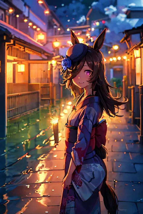 8k,(( kimono)), rice shower,(masterpiece), illustrations,( rice shower (Horse Girl),Brown Hair,), Looking Back,((shrine)), PURPLE EYES, Swift Bangs, long bangs, long hair,Small chest, firework, Night Sky, street,holding, smile, watching viewers in the wint...