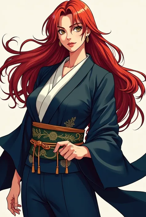 Manga characters,  40-year-old woman,  with long red hair , And look strong , And confident expression, wearing a dark blue kimono with gold details on the fabric, manga version 