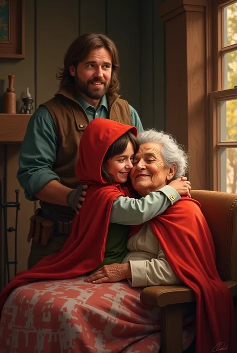 Little Red Riding Hood hugs her grandmother in the room. The woodcutter watches them