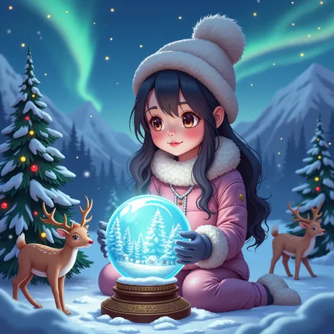  Close-up of a crystal ball Visible snow Northern Lights and snow-capped mountains,  Deer Christmas trees  ,  New Year&#39;garlands ,   Very beautiful Girl looks at her hands and looks into a crystal ball  ,   Girl wearing a pompom hat and warm fur gloves ...