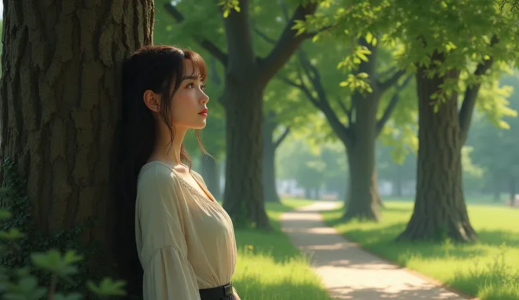 A picture of a woman leaning on a tree to the left and looking upward with her back to the center of a tree in a park with a sidewalk block, leaning on a tree and raising her head upward/ side view /Super realistic/ Realistic Photography 