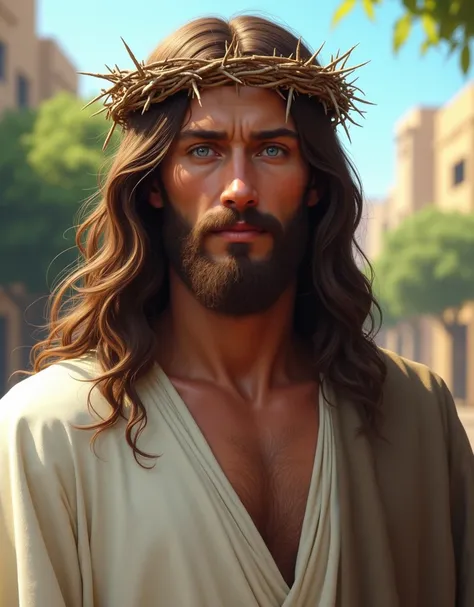 A photo of Jesus Christ with long hair and a brown beard, wearing a white robe. He has blue eyes and a serene expression. The background is a bright sunny day with greenery and buildings. There is a crown of thorns on his head,realistic images, 