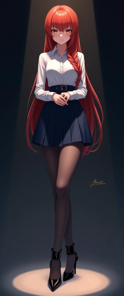 Shinji ( Atomonka · Langrey ),  top quality , super detailed , 1 girl,  solo ,  Standing apart from two feet before and behind ,  Smooth and smooth red hair ,Long braid ,  Clear eye line extending outward from the tail of her eyes ,  golden eyes,Golden eye...