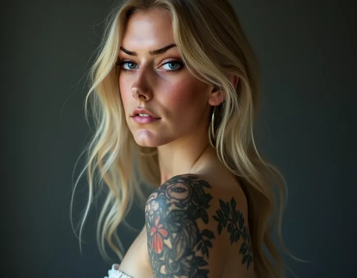 a three-quarter view of the full body of blond woman looking sideway, enhanced femininity, dark theme, soothing tones, muted colors, (excessively defined variated skin texture, hyperrealistic, diffused light), clustered, authentic eye iris, (normal exposur...