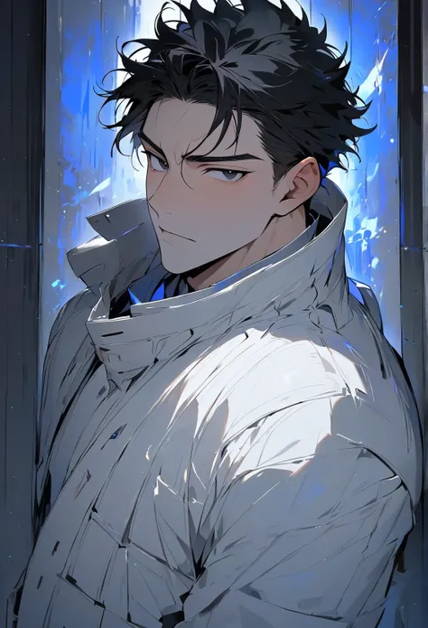 (Masterpiece, high resolution, best quality), solo, 1 male, 20-years old man, masculine face, handsome face, short black hair, black eyes with glow blue, white straight jacket, upper body, looking at viewer, solitary confinement in a mental hospital, mascu...