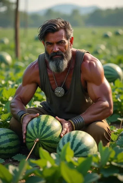 A man working in water mellon patch wearing silver neck ring