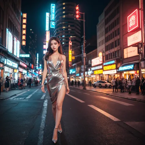 (masterpiece, best quality:1.4), (8k, raw photo, photo realistic:1.2), (shiny skin), detailed skin, detailed face, detailed eyes, 1girl, adult woman, dressed in elegant evening wear, standing on a city street illuminated by neon lights, confident pose, urb...