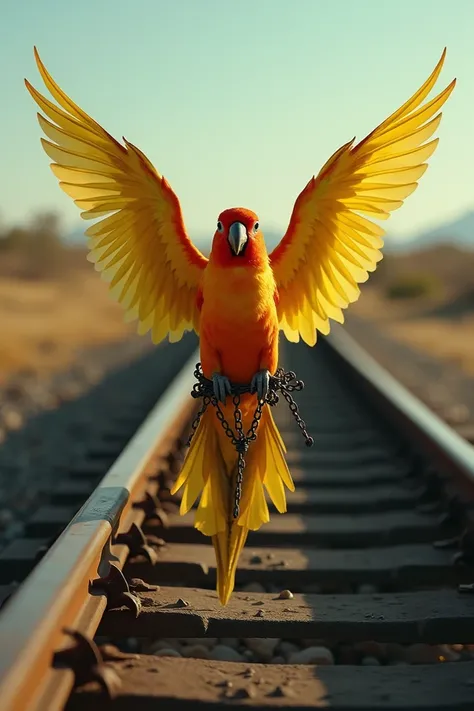 Creat an image of a sexy sun conure being tied down to the railroad tracks