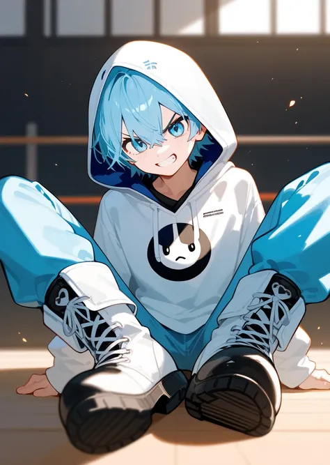 in the room，A cute boy showing his feet,angry,wearing white boots, Foot Focus,White T-shirt, White Hooded Jacket, There are bangs between the eyes,short hair,Light blue hair, wearing light blue pants, Anatomically correct， black eyes, Look at the audience，...