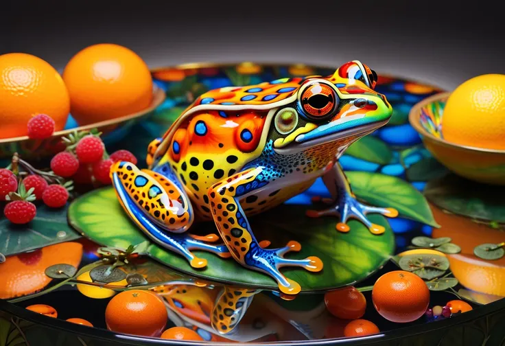 brightly colored Frog sitting on a table with oranges and berries,  Photorealistic paintings by Arthur Pan ,   interactive art trending in Ottó Baditz  , Cloisonné, psychedelic Frog, beautiful Frog, Macro Art,  Colorful Glass Art , clown Frog king, Frog pe...