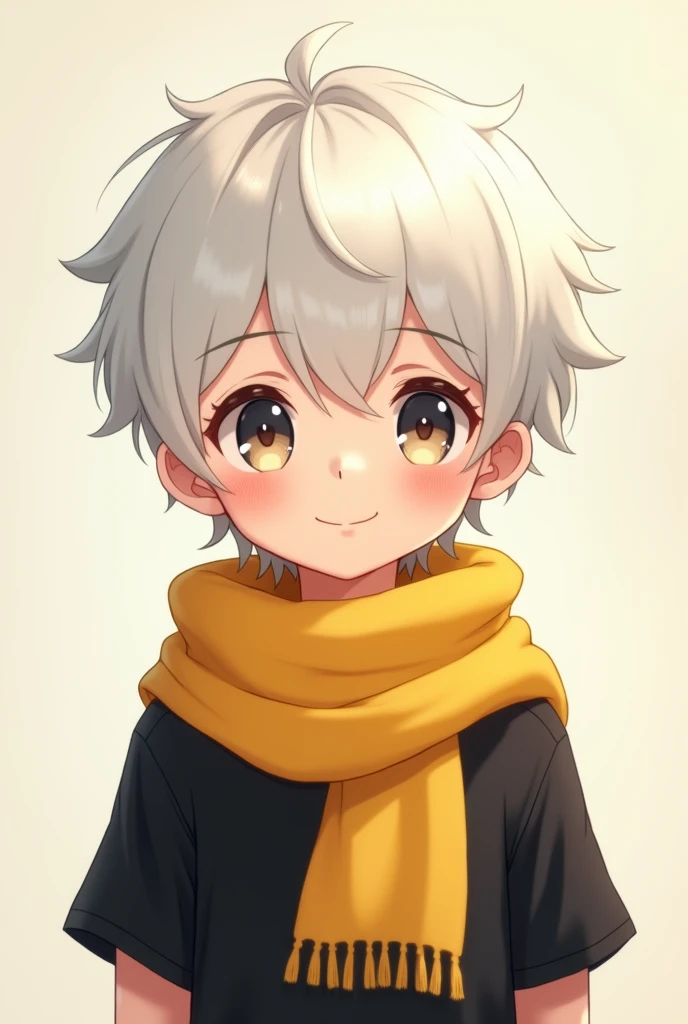 Cute anime boy white hair smiling, wearing black shirt and has Yellow scarf