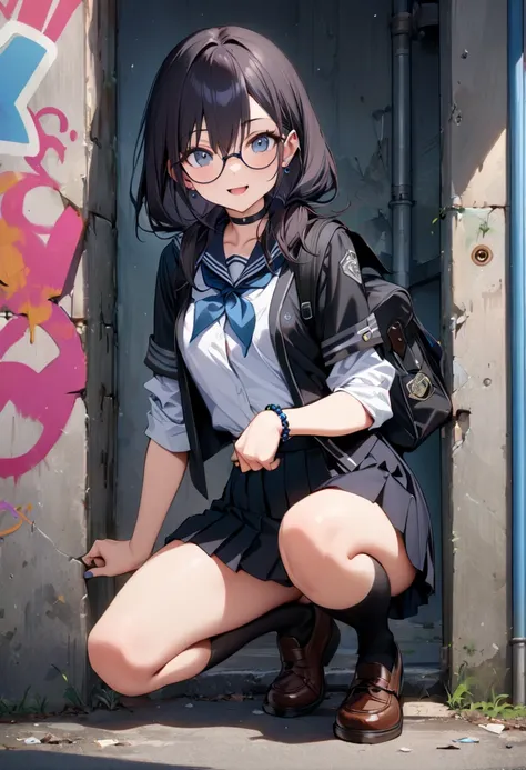 (  Masterpiece  ,   top quality:1.2), 1 girl, Alone,  expressive eyes, Walk with a student bag on your shoulder,  Female College Student,  dark haired twin tails , Round Glasses, ((( perfect face girl who wraps a neckerchief directly around her neck))), Bi...