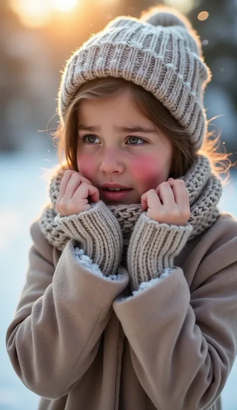 A beautiful girl in a cozy winter setting, wrapped in a soft knit scarf and a stylish winter coat. Her expression shows concern as she gently touches her dry, flaky cheek with one hand. The background features softly falling snow, with a serene winter land...