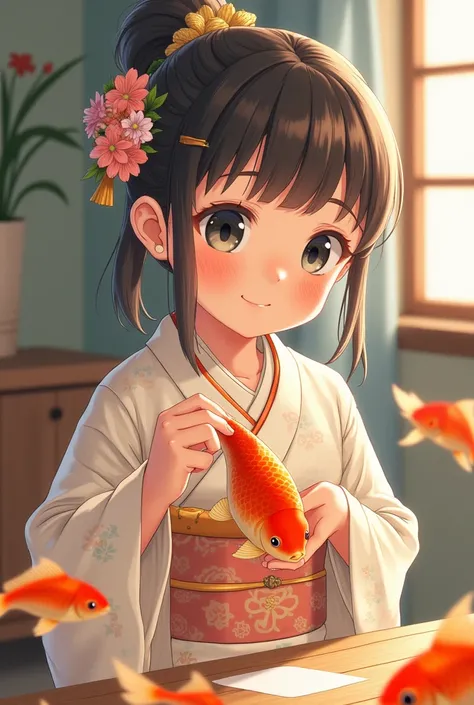  cute girl in a yukata scooping goldfish at the summer festival。The background is a simple night stand 