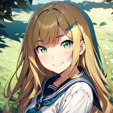 (masterpiece),( top quality ),( Ultra Detailed ),( best illustration ),(Best Shadow),( absurd),( detailed background),(  very aesthetic  ), , Blonde,  long hair,  hair clip,  green eyes, bangs,  sailor suit,  Watch viewers,  upper body, smile,  in 