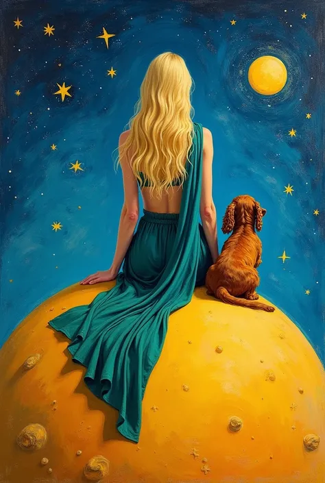 Create a vibrant impressionist-style oil painting shows the back of a women with long blonde hair, sitting on the top of a big yellow planet, wearing a long blue scarf, green cloth, and a cocker spaniel breed dog sitting by her side, universe, background i...