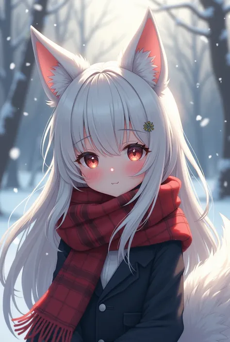 Anime girl long hair over eyes white hair with white fluffy tail and wolf ear used plaid scarf black snow cozy