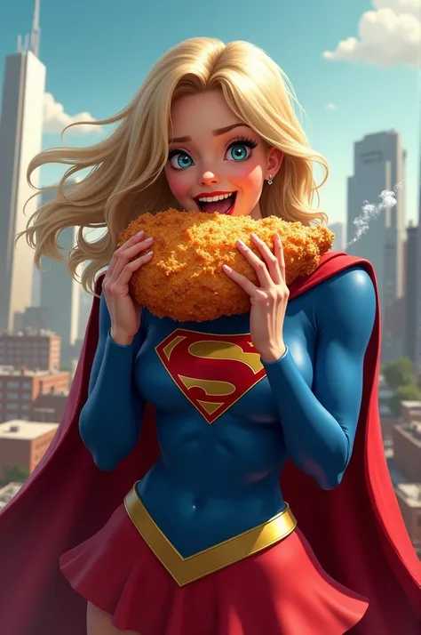 Super girl greedily eating a big piece of chicken 