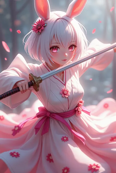 anime, a white girl, with white bunny ears, peach hair, pink eyes, she wears a very elaborate white and pink swordsman outfit, she is a swordsman holds a rapier 