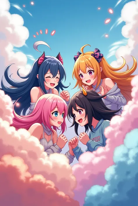 An anime-style art depicting many goddnesses playfully wrestling with each other inside a rainbow comical fight cloud(fairytaile cloud).
each goddness has different  colored hair.
their faces,hands,and feet are visible emerging from the cloud as they tussl...