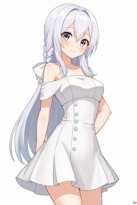 Anime image of a white woman with long white hair, wearing an off-shoulder dress with split sleeves, a skirt in the front that goes past the knee, and a longer back than the front. There is a white bow on her left side, making her look sexy but also neat. ...