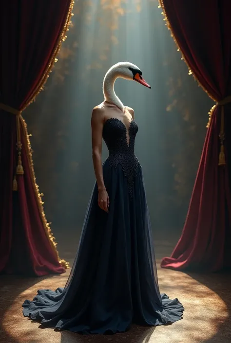 
Create an image of a graceful woman, half-human, half-swan, standing elegantly on the same
Agt stage. She wears a luxurious dark nawy gown that flows gracefully, maintaining the same
texture and color. The woman’s body remains fully human, while her head ...