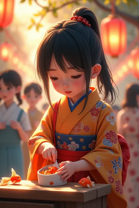 A girl wearing a yukata is scooping goldfish at the summer festival。The background is a simple night stand 