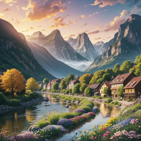 a small village by the river, mountains in the background, floral flowers colorful, detailed landscape, Beautiful natural landscapes, atmospheric lighting, scorching sunset, warm colours, practical, photopractical, Detailed Foliage, complex buildings, cobb...