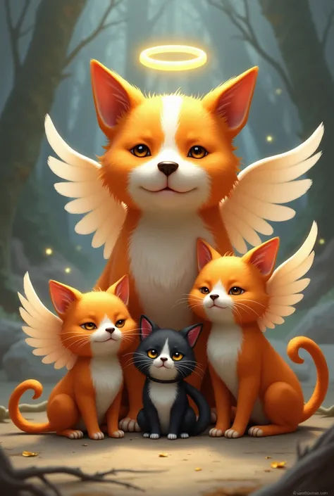  Orange dog with white breast and a vertical line of white hair on the head from the snout with droopy ears, large fully orange cat and small black and white cat all three with wings and aureole 