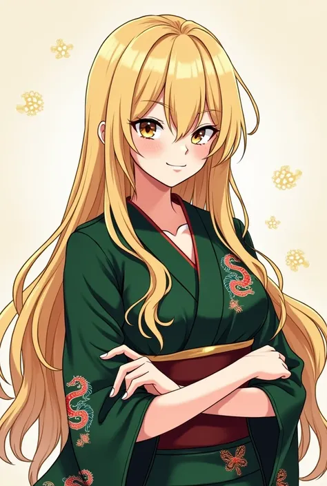 Manga characters, 26 year old woman, With long blond hair , From the look Sinico , And mockery expression ,  wearing a dark green kimono ,  with dragon designs on the fabric, manga version 