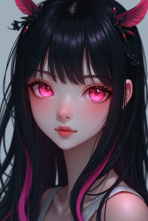 A girl who has long black hair with straight bang and pink highlights, pink eyes