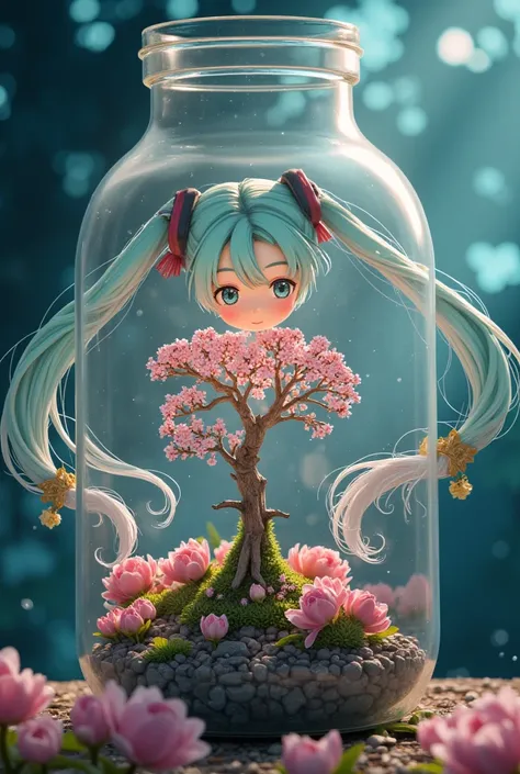 (masterpiece、 top quality 、 top quality 、 Official Art 、 beautiful and beautiful :1.2)、( One Girl :1.3) Hatsune Miku 、 twin tails, Beautiful breasts,   cute girl、Cherry tree in a bottle, Fluffy,  realistic , Atmospheric Light Refraction , photograph： lee j...