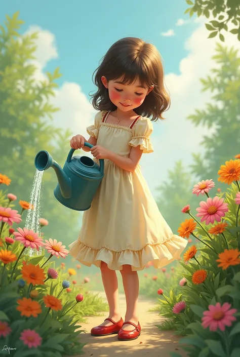  A girl in a frilly dress is watering flowers in the garden。The background is a simple garden 。