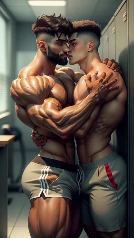 Indian gay men couple a wild tan skin indain men, (30 years old daddy:1.1) doing kissing with thin short height young boy ( boy:1.1) ,portrait, 2 indain man, short beards, cute innocent face, hunk, hairy body, (topless), spiky black hairstyle, gray sports ...